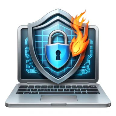 An icon featuring a digital shield with a lock, binary code, and a glowing firewall grid, symbolizing cybersecurity. The design includes a laptop, warning icons, and secure network nodes, representing protection against cyber threats. Transparent background highlights digital safety and defense. sticker