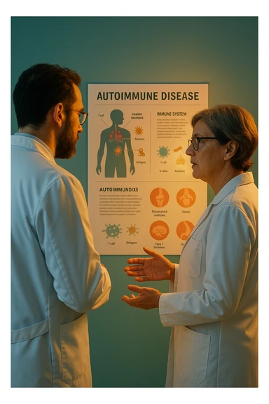 Realistic, detailed photo taken from behind of two doctors—a bearded man and a middle-aged woman—standing and facing each other as they discuss an autoimmune disease diagnosis in front of a medical chart that displays information about the immune system and autoimmune conditions. The scene is illuminated by a yellowish, orange, warm light that softly envelops the doctors. The entire room is bathed in a single green-blue color, creating a cohesive and modern atmosphere. Both doctors wear white coats, and their body language suggests a serious, professional conversation about the complexities of autoimmune diseases. Shot with a Canon EOS R5, with high detail and natural depth of field. in italiano sticker