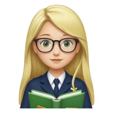 Girl student wearing uniform, glasses, hold green book in front of their chest, blonde long straight hair, white skin sticker