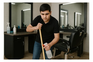 sartaroshxonani tozalayotgan o'smirin bola juda  yosh ham emas katta ham supir sudir qilaytgani narsalarni tozalayotgani yuzi ko
 sticker