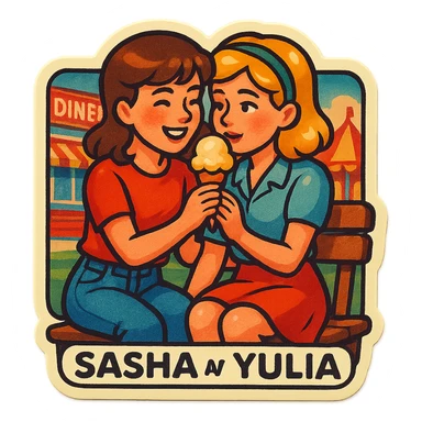 Sticker of Sasha and Yulia, two young lovers, in a retro and vintage style, with a grainy texture and faded colors, sitting on a bench and sharing an ice cream cone, with a background of a diner or a fairground. sticker