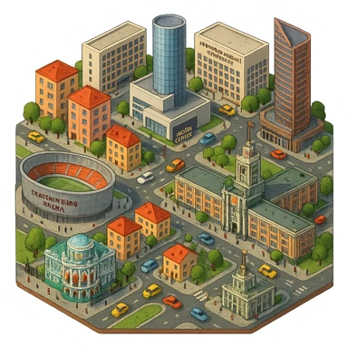 Изометричная миниатюрная фотореалистичная 3D модель Екатеринбурга - Дом Севастьянова, Ельцин-центр, Уральский федеральный университет, дома, Екатеринбург Арена, Штаб-квартира Русской медной компании, Здание Свердловского городского совета народных депутатов, четкие линии, яркие цвета, мультяшный реализм, люди, автотранспорт, компактная композиция, вид сверху в изометрии, прозрачный фон sticker