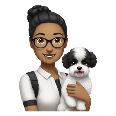 woman-black hair-bun-with glasses-with black bichon dog-white-smile sticker