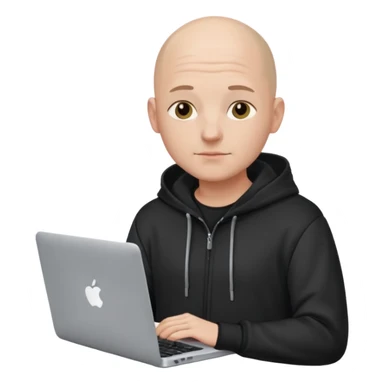 bald young programmer with MacBook wears hoodie  no scalp wrinkle sticker