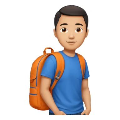 an asian man in blue t-shirt with orange backpack on the back. Eiffel tower on the background. shoulder length picture sticker