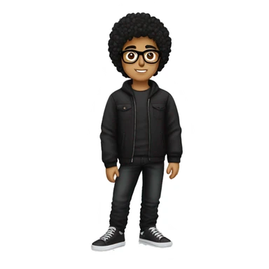persian boy with curly black hair and glasses and black t-shirt and black puffer west with black jeans and white sneakers sticker