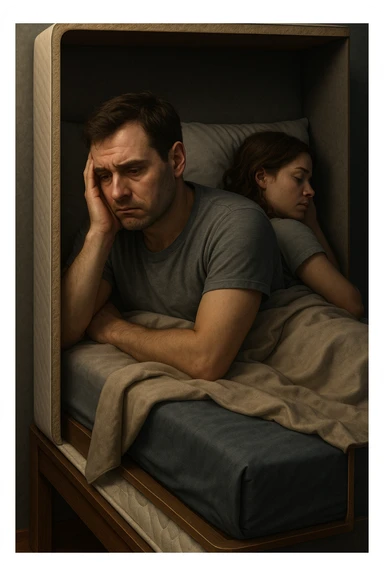 Vertical, hyper-realistic 3D cutaway illustration: uomo con difficoltà con la propria compagna nel letto, faccia depressa sticker