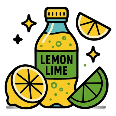 Place the bottle of lemon-lime soda with lemon and lime wedges on a solid black background, keep the TikTok-inspired vibrant cartoon style. sticker