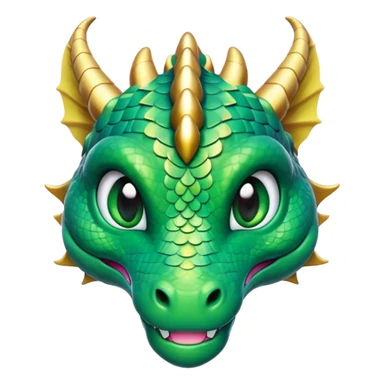 Cinematic Cute Dragon Portrait Emoji, Head tilted playfully and inquisitively, featuring a sleek, serpentine form adorned with iridescent scales that shift between emerald and gold, a delicate set of subtle horns, and round, sparkling eyes full of curious magic; rendered with realistic detail and warm natural light, high shine, affectionate and enchanting, styled with a touch of whimsical fantasy, soft glowing outline, capturing the essence of a mischievous yet lovable dragon that seems poised to slither playfully into your arms! sticker