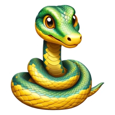 Cinematic Cute Python Portrait Emoji, Head tilted playfully and inquisitively, with a sleek, patterned body accented by vibrant scales and round, sparkling eyes full of charm, Simplified yet irresistibly adorable features, highly detailed, glowing with a warm, inviting glow, high shine, affectionate and lively, stylized with a touch of exotic whimsy, bright and endearing, soft glowing outline, capturing the essence of a mischievous yet loving python that seems as if it could slither out of the screen into your arms! sticker