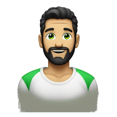 Slick back black hair, short bearded man with green eyes laughin, muskular in a black t sh sticker