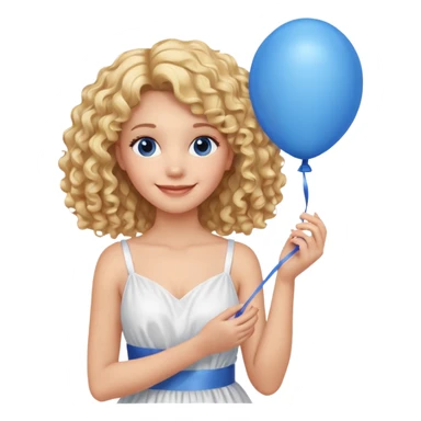 Woman curly long blonde with blue balloon, white dress sticker