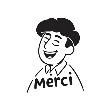 laughing man with black beret, modern look, the word 'Merci' as part of the design, text prominent, hand-drawn notion style sticker