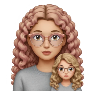 aesthetic white girl with dark blonde, long curly hair , in front of the girl's sholders and black eyes  , light grey sweater top and rose gold glasses sticker