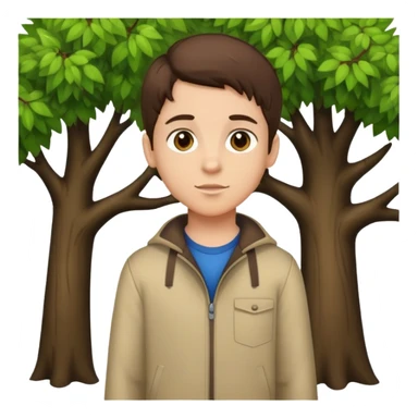 boy with brunette hair brown eyes and tree behind sticker