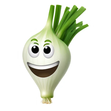 Smiling green onion with a bundle of long, thin green stalks as hair, big expressive eyes, and a cheerful cartoonish face on the white bulb section. Vibrant and playful design. sticker