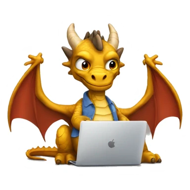 dragon with wings, working on a laptop, wearing a shirt with the words hump day on it, with a cup of coffee in his right hand sticker