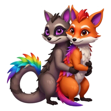 black female raccoon dragon hybrid with rainbow colored wings and purple eyes giving a big hug to a red female fox dragon hybrid with rainbow colored wings and orange eyes sticker
