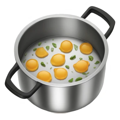 Stainless steel pot with black handlers, food inside sticker