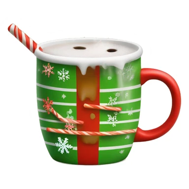 mugs with a hot drink decorated with snowflakes or a striped caramel stick. Steam rises from the mug in the shape of hearts. The color of the mug is warm red or green to convey the New Year mood sticker
