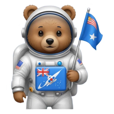 Brown bear in space suit, holding blue rectangle flag sticker