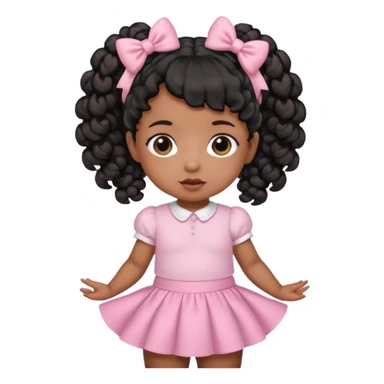 a brown skin baby with curly hair and a baby pink skirt and baby pink bows with her hair in pigtails and black hair sticker