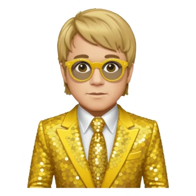 Elton John with dark blonde hair, yellow sequin suit sticker
