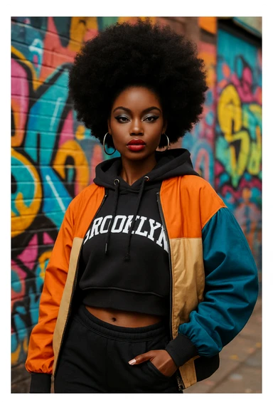 black barbie doll, trendy streetwear, afro hairstyle, bold makeup, stylish attitude sticker