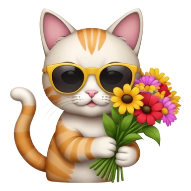 cat wearing sunglasses holding a bouquet of flowers sticker