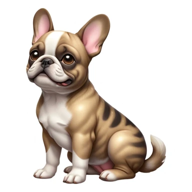cinematic-[french bulldog]-realistic-full-body-sitting-emoji,-tail-resting-loosely-beside-its-paws,-head-tilted-dramatically,-sleek-[pied brindle]-fur,-simplified-yet-realistic-focused-features,-highly-detailed,-glowing-with-an-almost-sarcastic-glow sticker