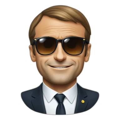Emmanuel Macron wearing sunglasses, there is a big € on each eye of the glasses sticker