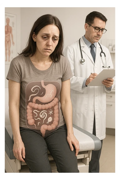 a woman in her 30s sits slumped on a doctor’s examination table, her face pale and eyes sunken with deep fatigue. A transparent overlay on her abdomen reveals stylized images of internal parasites, such as worms or protozoa, inside her digestive tract. The doctor stands nearby, reviewing medical charts. The mood is clinical and educational. sticker
