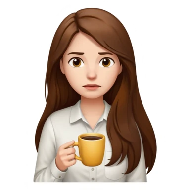 create a woman long hair brown, holding her cup of coffee looking exausted  sticker