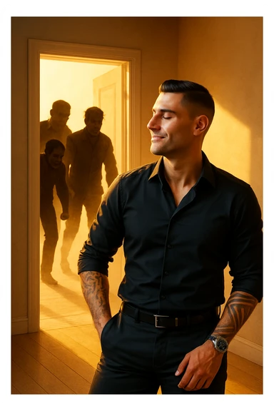 a man stands confidently in a sunlit room, facing away from a group of dark, shadowy figures with harsh or angry expressions who are walking out the door. The man’s posture is upright and relaxed, his face calm and relieved. Warm light fills the space, symbolizing his newfound peace and positivity. sticker