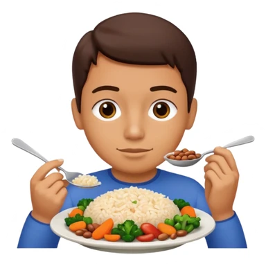 Create a person having lunch. Not a sandwich. Rice, beans, vegetables and chicken. sticker