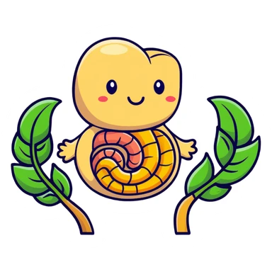 Cute simplified human digestive system with stomach and intestines, surrounded by golden wheat stalks and green leaves. Bright healing particles moving through the digestive tract sticker