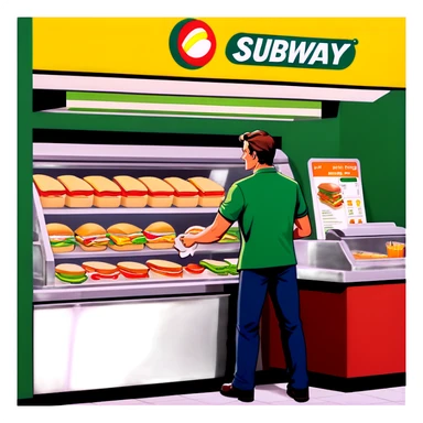Man working at a subway making a sandwich in front of customer behind a counter  sticker
