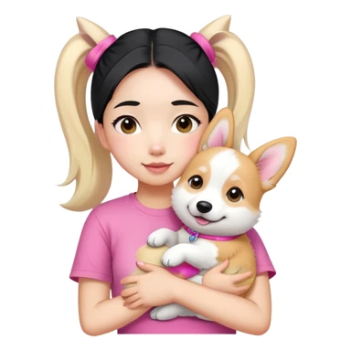 A Chinese girl with a black ponytail  hugs a white corgi wear on her pink t-shirt sticker