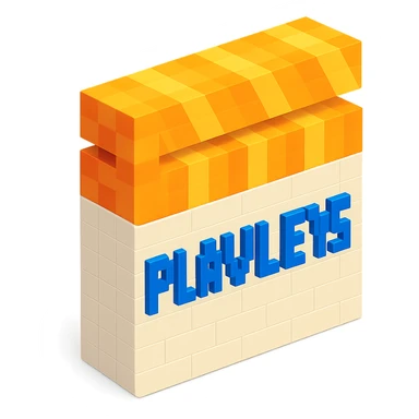 voxel style movie clapperboard with the text 'PLAVLEYS', orange lid, white body, isometric view sticker