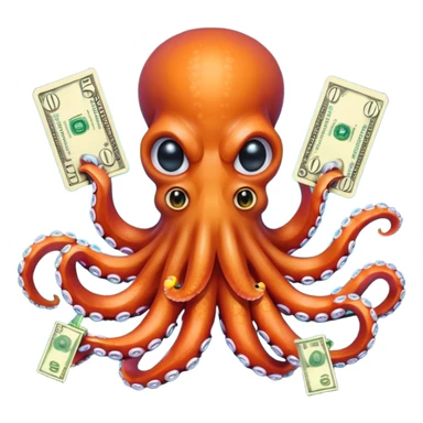 Intimidating octopus with pearl black skin, neon suction cups. Evil glaring eyes. Wearing a thick gold chain. 2 tentacles are holding their own cellphone, 2 more tentacles are holding stacks of money. sticker