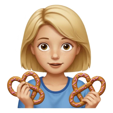 Short, center part, Dirty blond hair, fair skin with freckles,  holding pretzels and winking her eye sticker