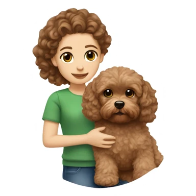 A girl with green eyes and brown hair is holding a brown Maltipoo puppy with curls on its coat sticker