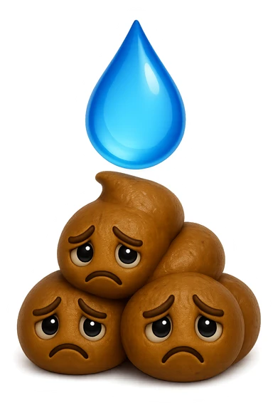 emoji stile iphone di una montagnetta di feci umane realistiche a palline tristi con sopra un simbolo delle gocce di acqua, iperrealistico 4k sticker