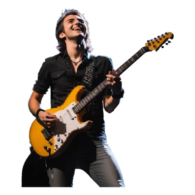 Rockstar musician with a confident smile looking up, electric guitar, stage lights, performing sticker