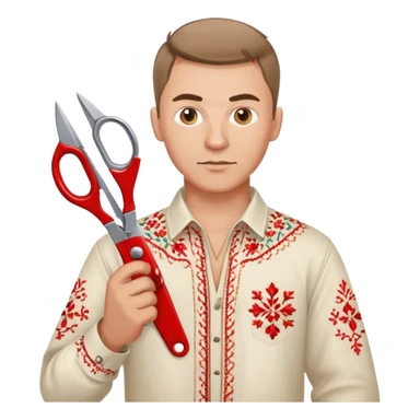 Ukrainian man in traditional vyshyvanka embroidered shirt holding red scissors in one hand and a spanner in the other hand sticker