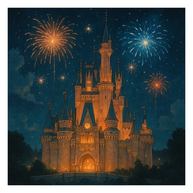 a disney castle, glowing at night, fireworks in the sky, enchanting atmosphere sticker