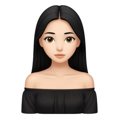 A realistic 3D avatar of a young woman with a soft oval face, slim cheeks, natural almond eyes, long straight black hair, minimal makeup, wearing a black off-shoulder top, elegant and aesthetic, tanned skintone. sticker