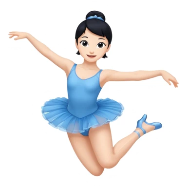 A lively black hair ballerina in a blue outfit, jumping mid-air with a bright smile. sticker