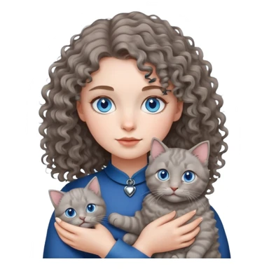 Девушка с кучерявыми волосами и голубыми глазами держит на руках шотландскую кошку серого цвета sticker
