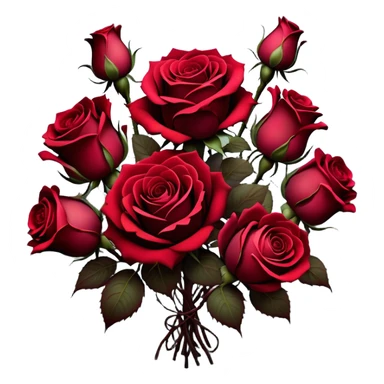 A surreal bouquet of Gothic roses, their petals drenched in crimson hues, from Venetian red to rustic tones, glowing against a dark, misty backdrop. The air is heavy with an eerie, romantic atmosphere, as if the flowers hold secrets of the past.
 sticker